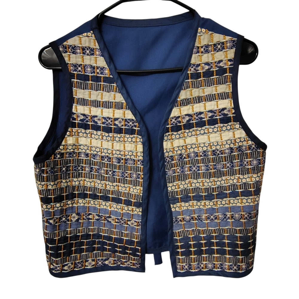 Vintage Women’s Medium Blue Open-Front Vest with Patterned Front Panels
